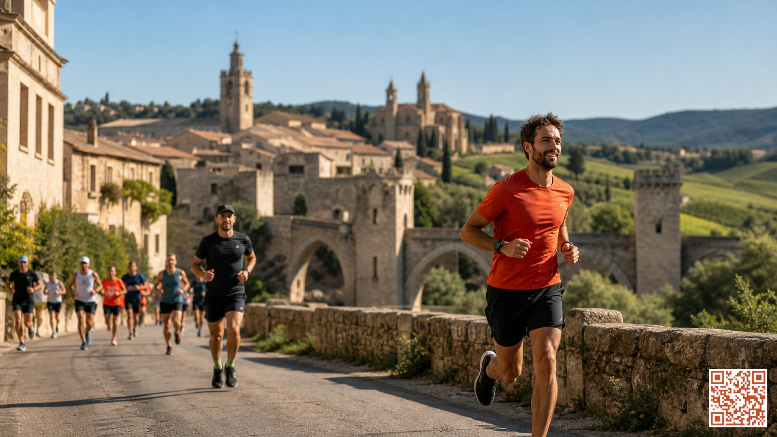 Coureurs sur route en Occitanie avec un pont médiéval et des paysages du Sud-Ouest en arrière-plan