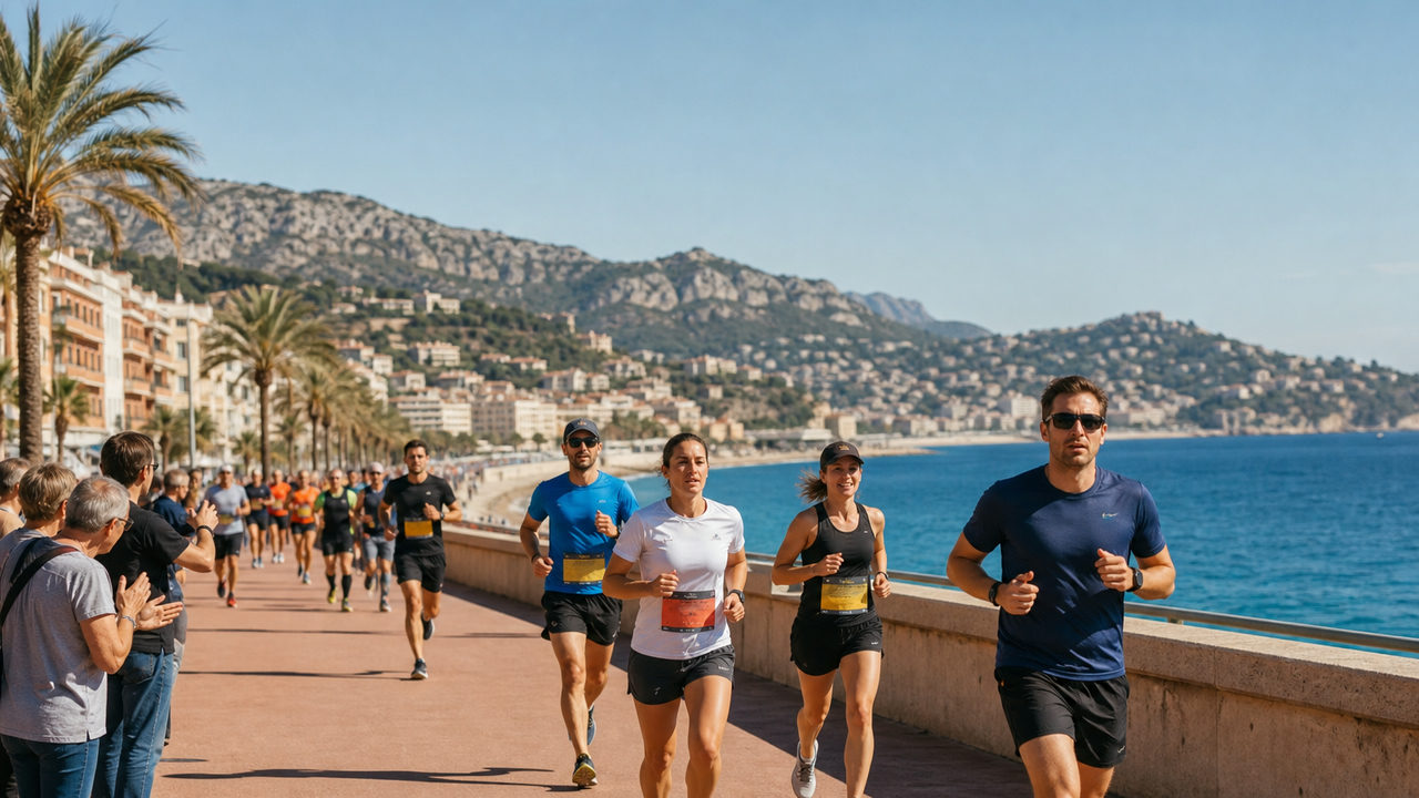 Coureurs lors d'un semi-marathon en PACA sur un front de mer méditerranéen avec montagnes en arrière-plan