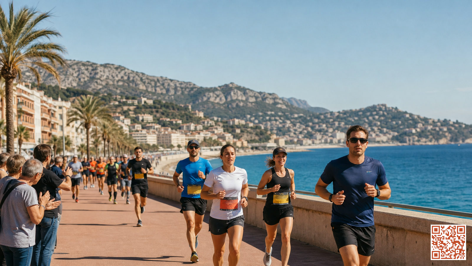 Coureurs lors d'un semi-marathon en PACA sur un front de mer méditerranéen avec montagnes en arrière-plan