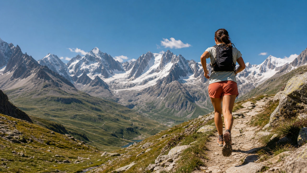 Coureur de trail sur les sentiers alpins de la région de Chamonix avec les sommets enneigés et les glaciers du massif du Mont-Blanc en arrière-plan