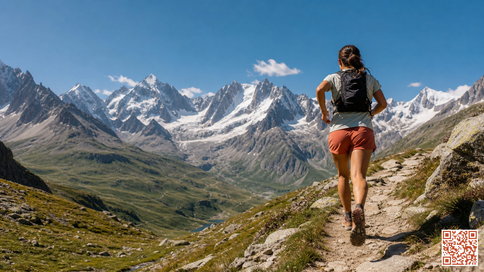 Coureur de trail sur les sentiers alpins de la région de Chamonix avec les sommets enneigés et les glaciers du massif du Mont-Blanc en arrière-plan