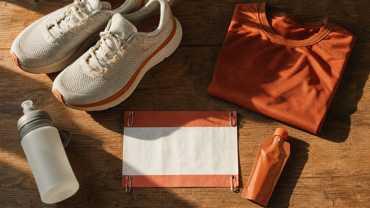 Matériel de course préparé la veille d'un semi-marathon : dossard, chaussures, tenue technique et ravitaillement