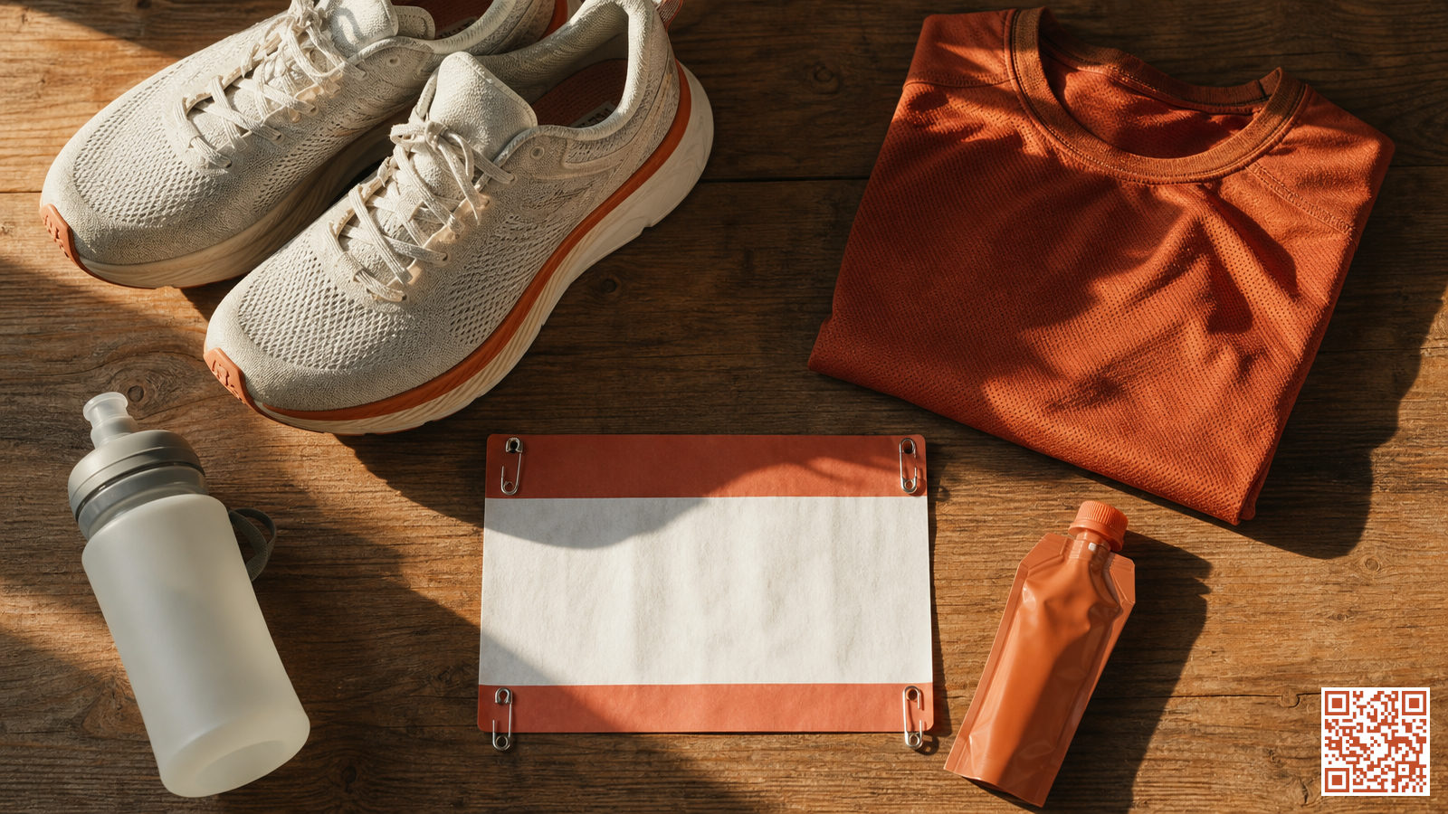 Matériel de course préparé la veille d'un semi-marathon : dossard, chaussures, tenue technique et ravitaillement