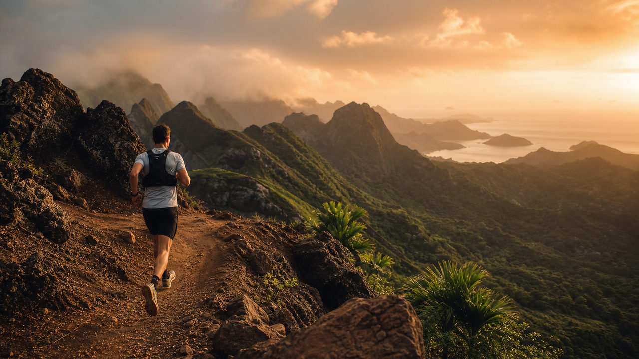 Coureur sur les sentiers volcaniques de La Réunion lors de la Diagonale des Fous, avec les cirques montagneux en arrière-plan