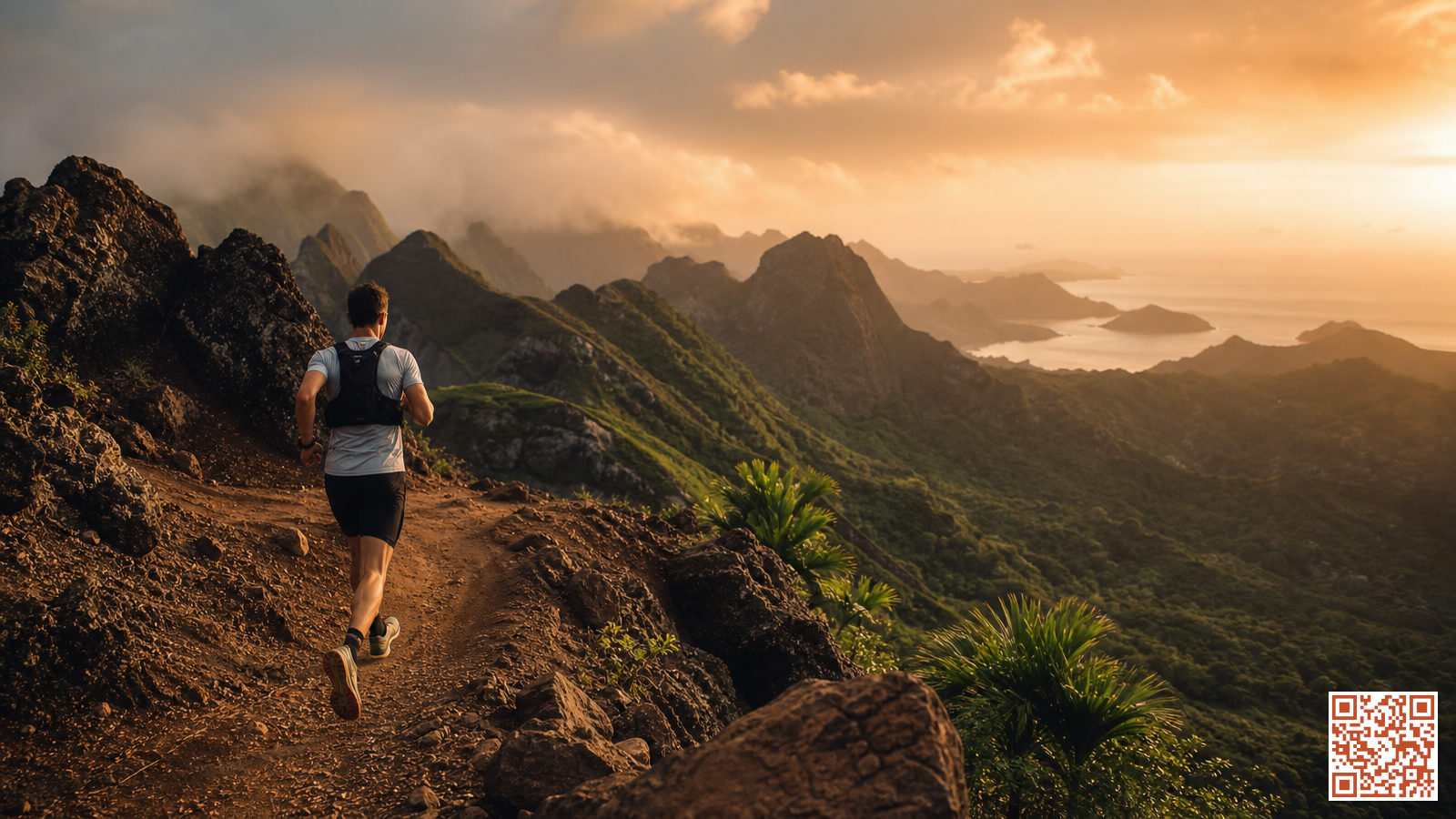 Coureur sur les sentiers volcaniques de La Réunion lors de la Diagonale des Fous, avec les cirques montagneux en arrière-plan