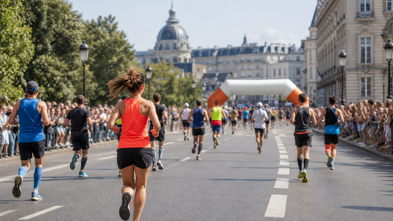 Coureurs sur le parcours d'un marathon en ville, arche d'arrivée visible au loin sous un ciel dégagé
