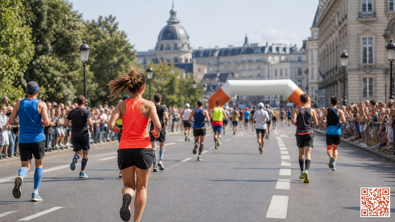 Coureurs sur le parcours d'un marathon en ville, arche d'arrivée visible au loin sous un ciel dégagé