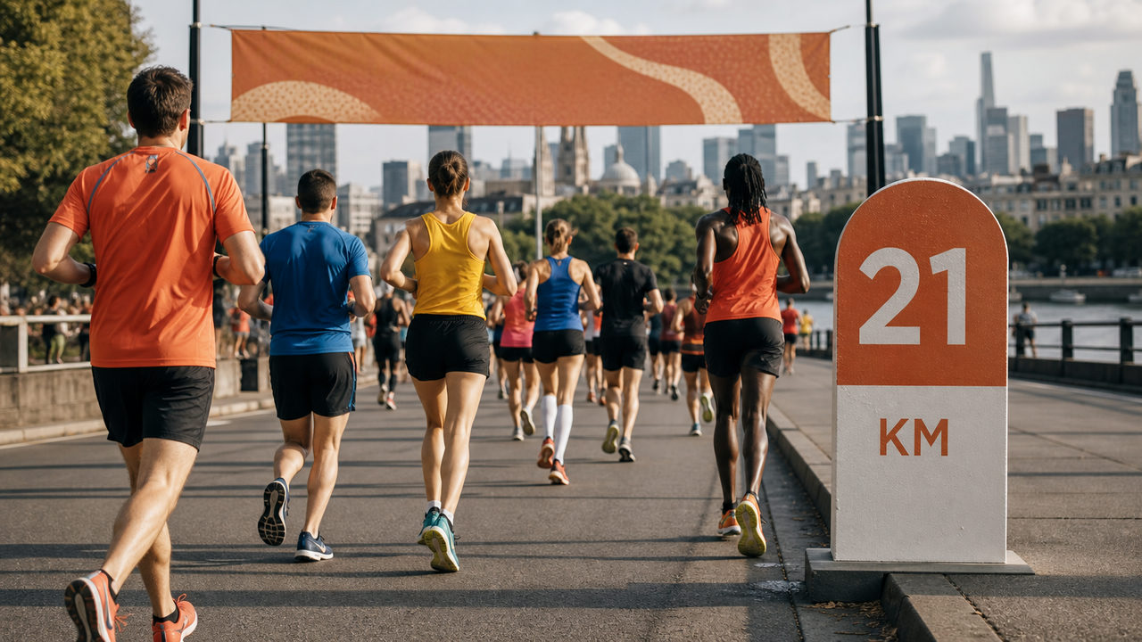 Groupe de coureurs amateurs sur un parcours de semi-marathon en ville, panneau kilométrique visible au bord de la route