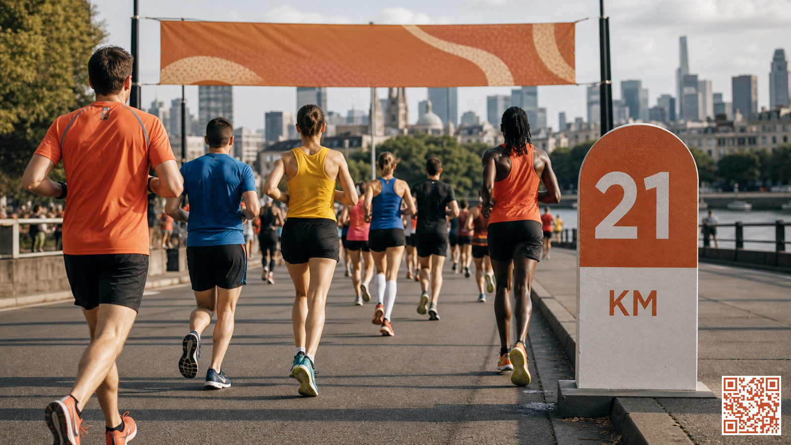 Groupe de coureurs amateurs sur un parcours de semi-marathon en ville, panneau kilométrique visible au bord de la route