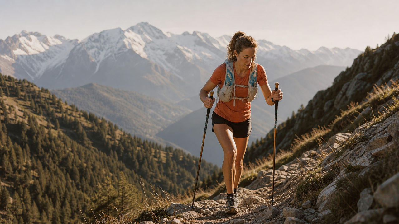 Coureur de trail en montagne gravissant un sentier rocheux avec des sommets enneigés en arrière-plan