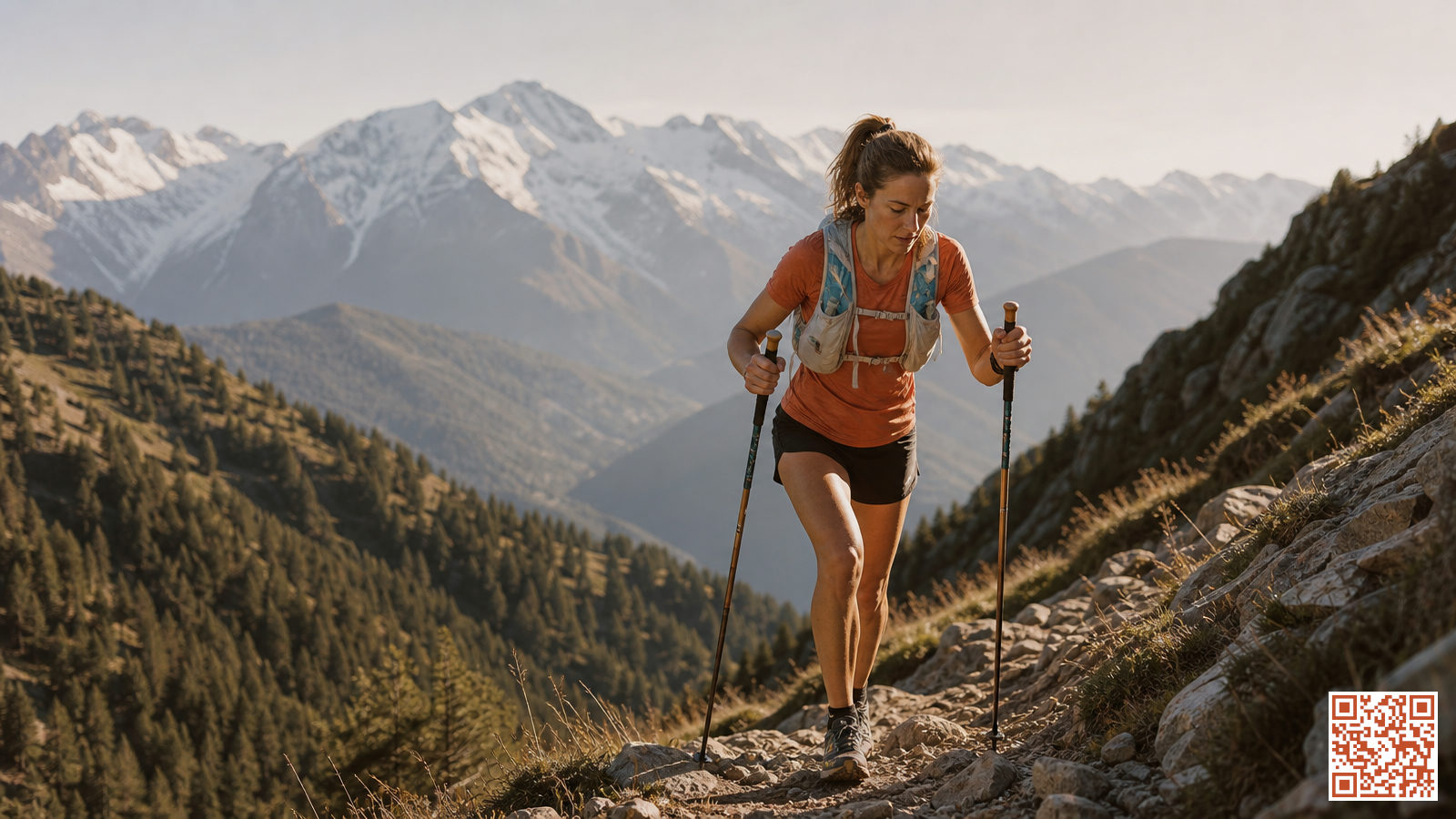 Coureur de trail en montagne gravissant un sentier rocheux avec des sommets enneigés en arrière-plan