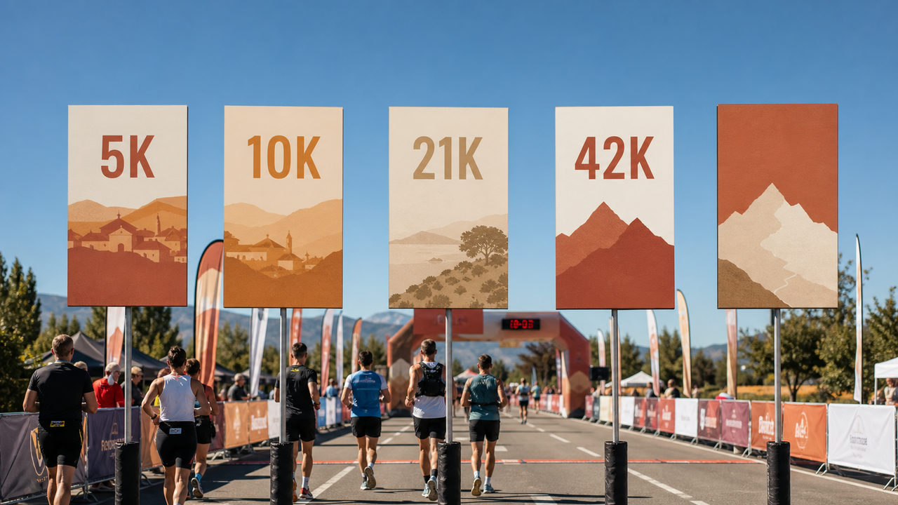 Panneaux de distances en course à pied du 5 km à l'ultra-trail sur une ligne d'arrivée de course sur route