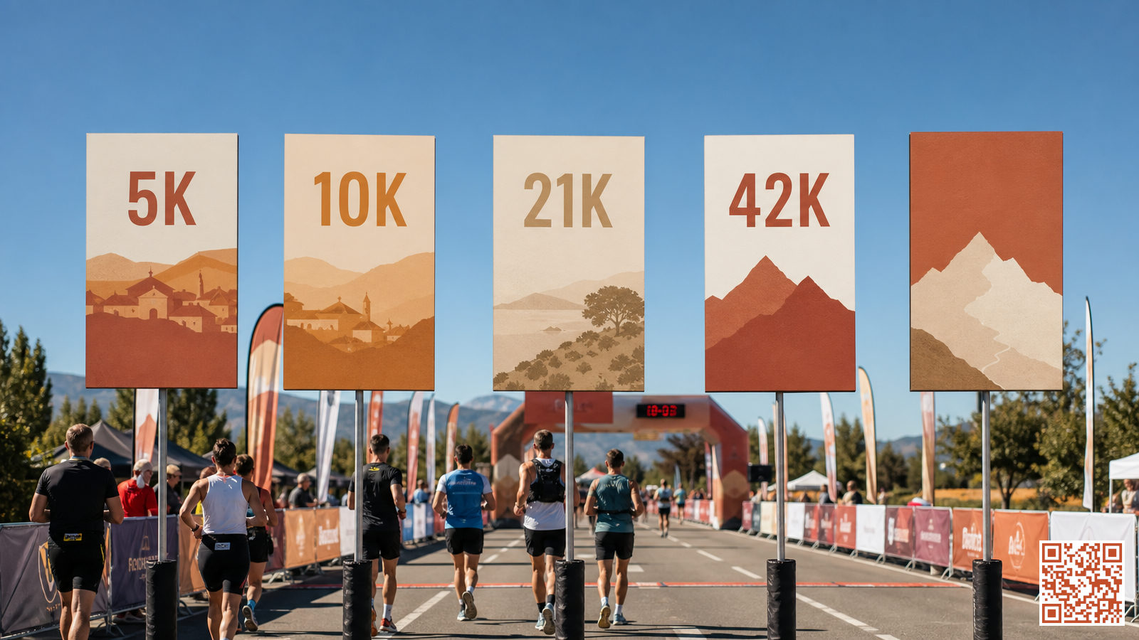 Panneaux de distances en course à pied du 5 km à l'ultra-trail sur une ligne d'arrivée de course sur route