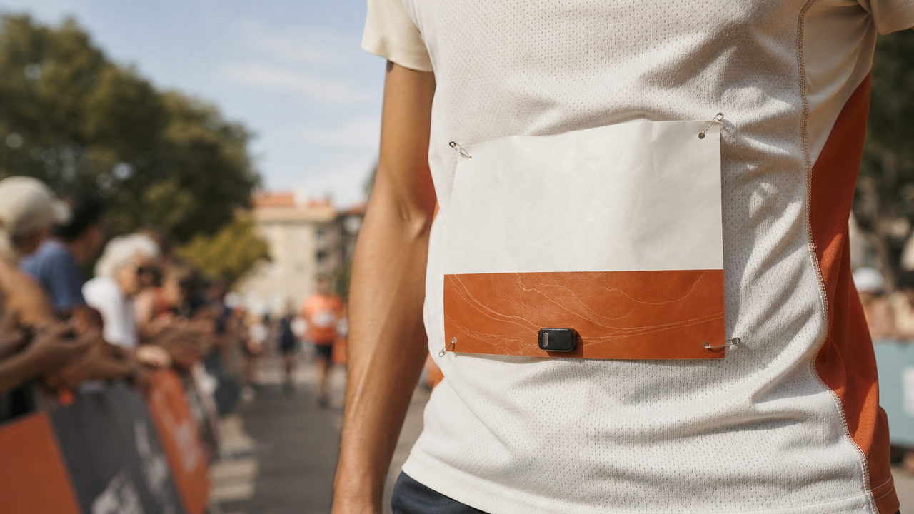 Coureur portant un dossard de course à pied lors d'une épreuve urbaine avec foule de spectateurs en arrière-plan