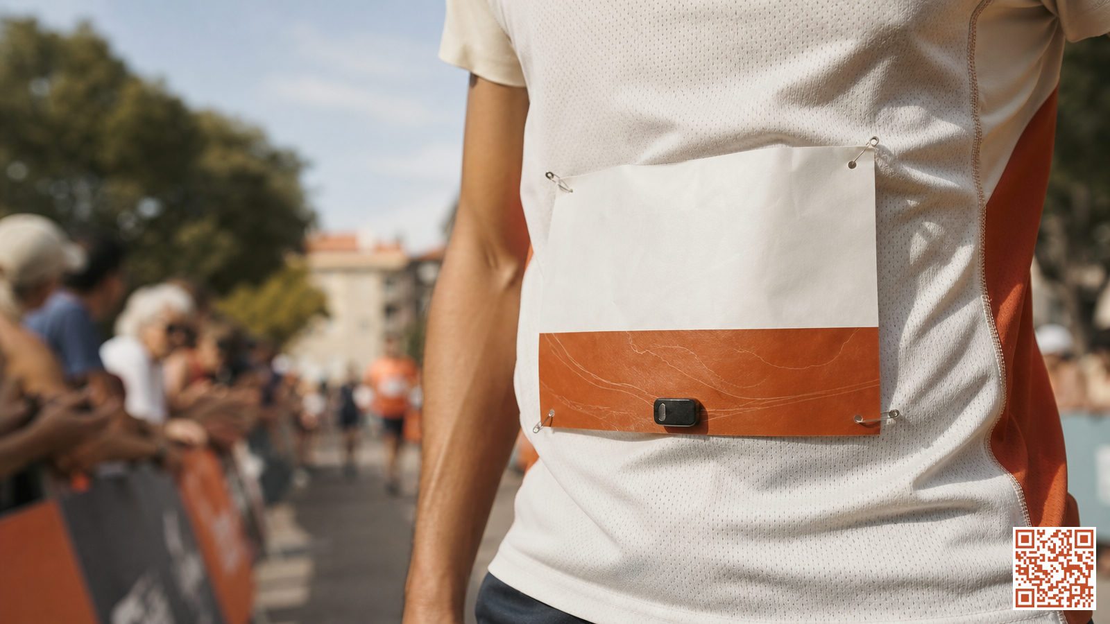 Coureur portant un dossard de course à pied lors d'une épreuve urbaine avec foule de spectateurs en arrière-plan