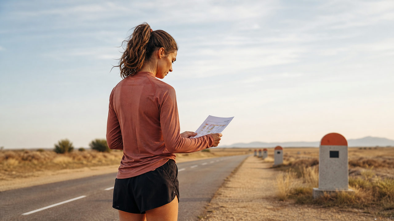Coureur consultant un plan d'entraînement marathon avec des repères de distance en bord de route