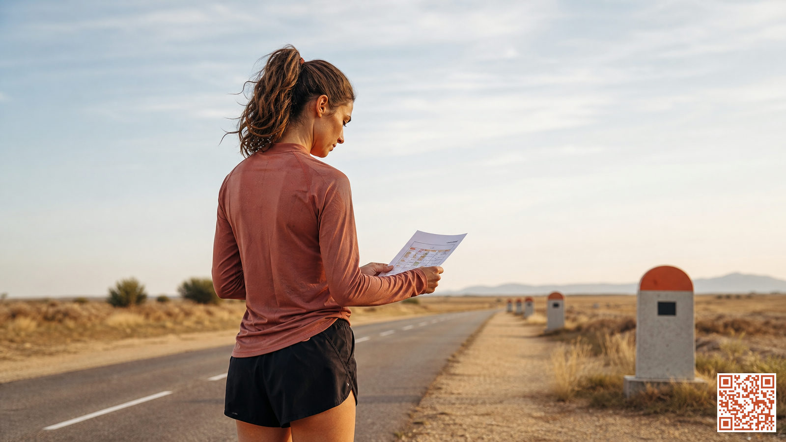Coureur consultant un plan d'entraînement marathon avec des repères de distance en bord de route