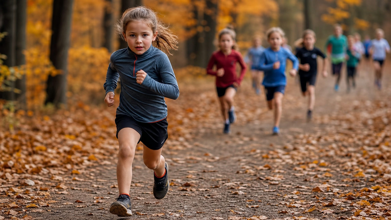 Jeune enfant courant sur un parcours de cross-country, expression déterminée, en pleine compétition