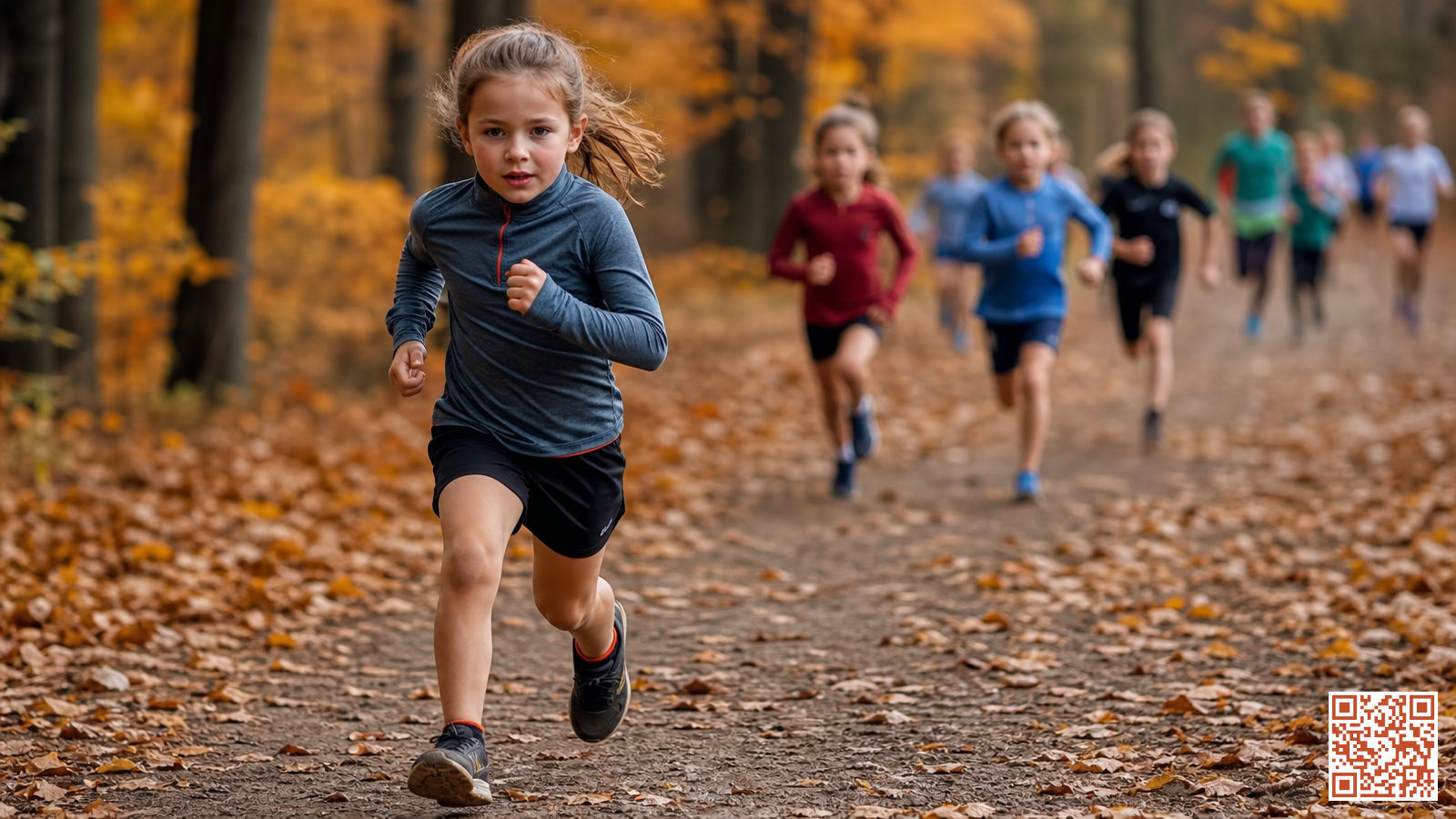 Jeune enfant courant sur un parcours de cross-country, expression déterminée, en pleine compétition
