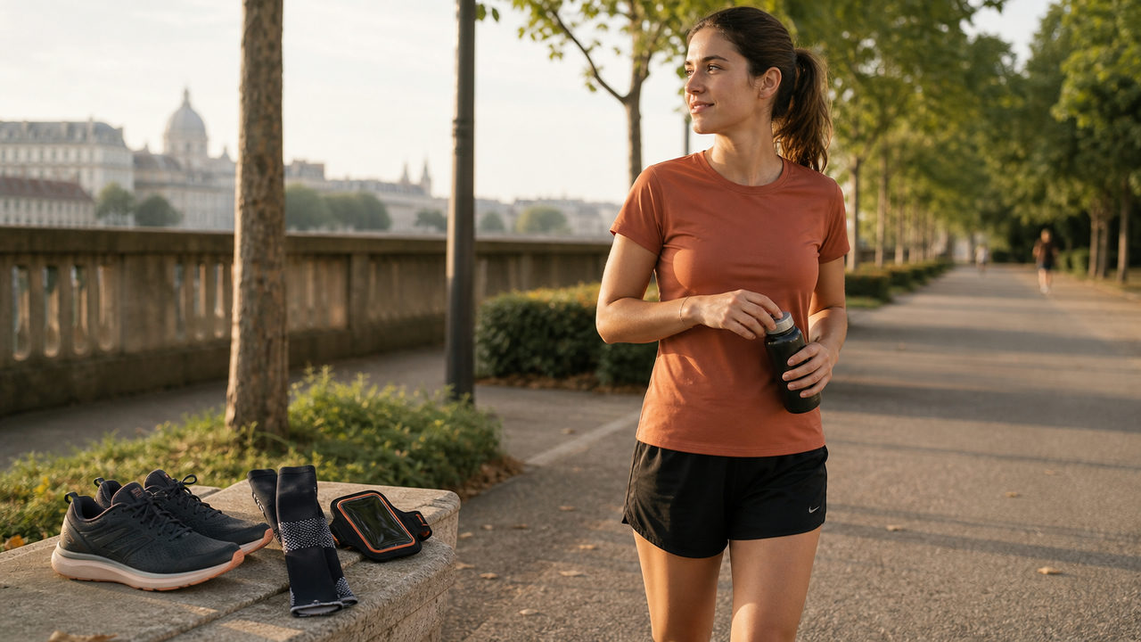 Coureur débutant en tenue simple sur un chemin urbain avec des équipements de running abordables posés sur un banc