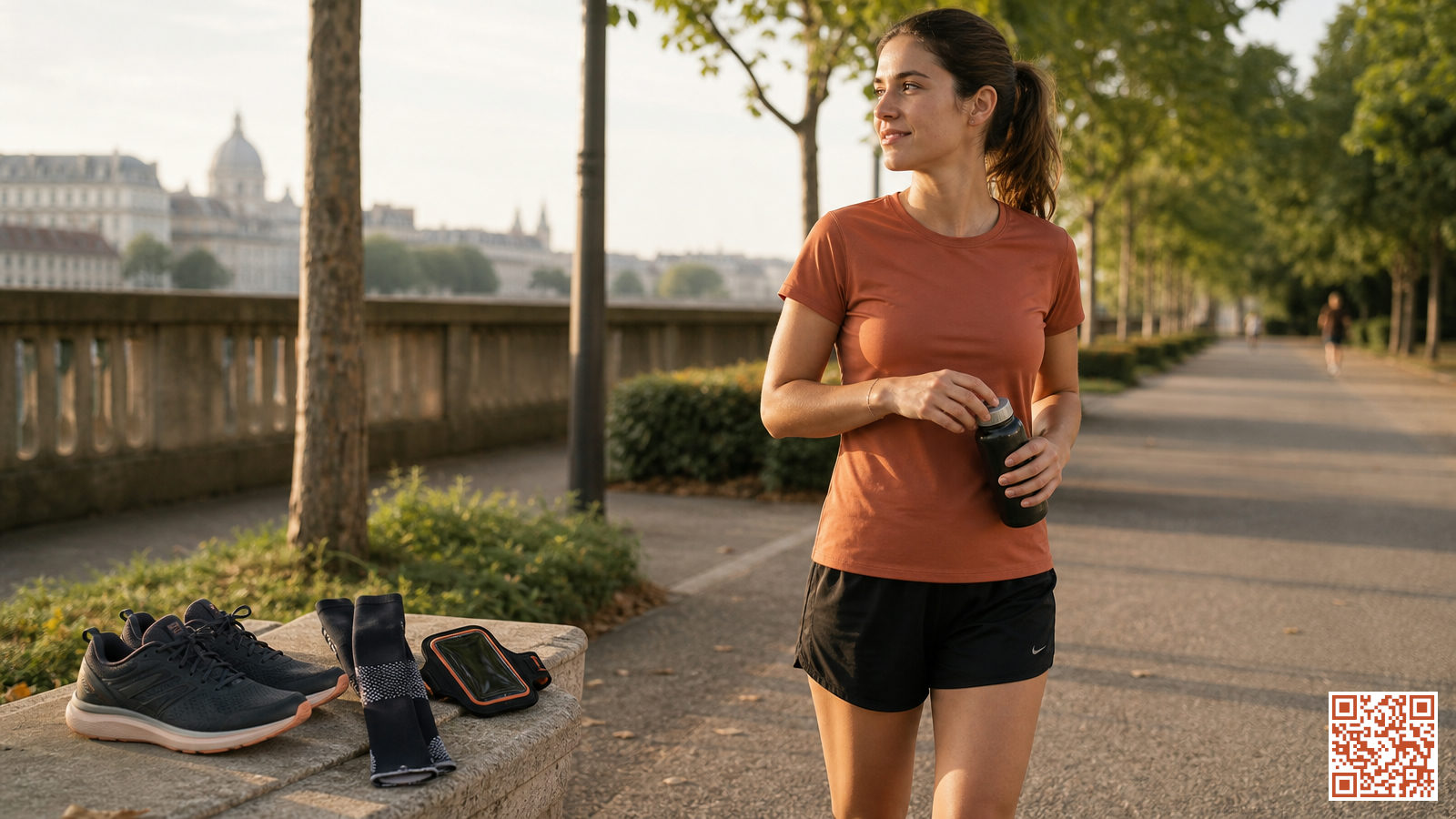 Coureur débutant en tenue simple sur un chemin urbain avec des équipements de running abordables posés sur un banc