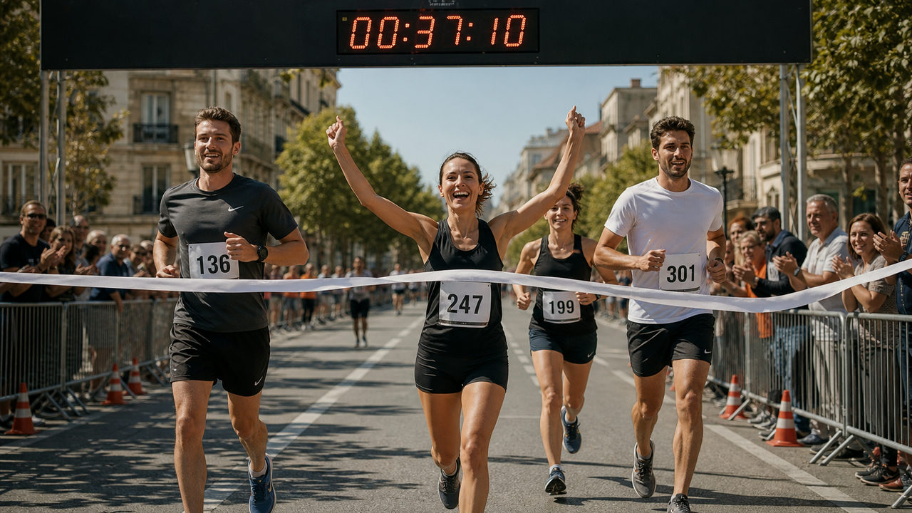 Coureurs en tenue de compétition franchissant la ligne d'arrivée d'une course officielle sur route en France