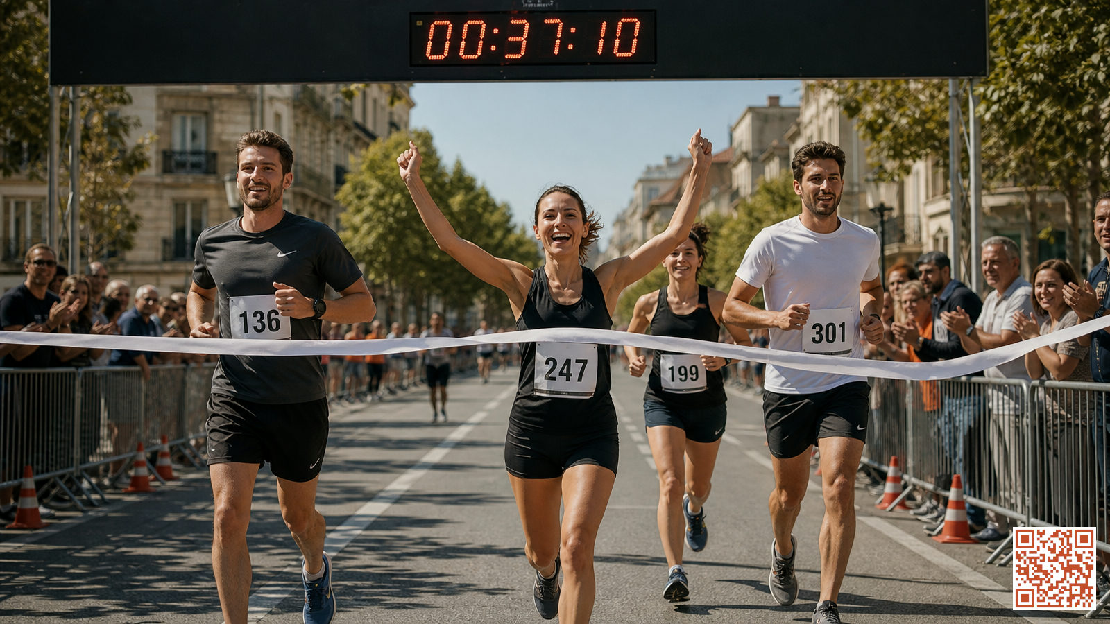 Coureurs en tenue de compétition franchissant la ligne d'arrivée d'une course officielle sur route en France