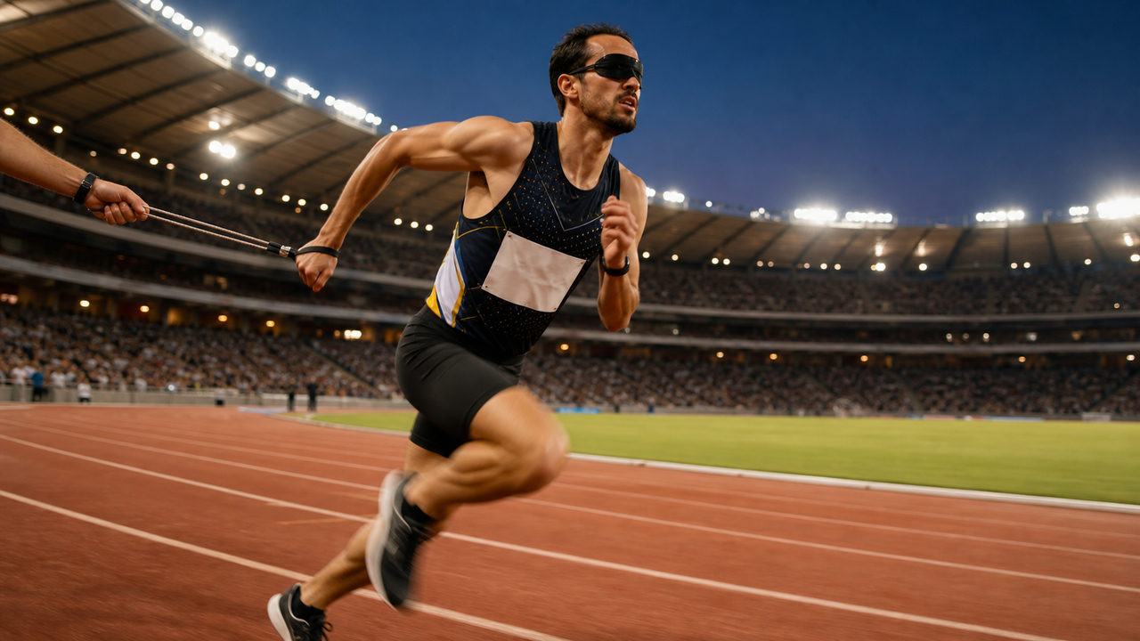 Athlète malvoyant en plein effort lors d'un 1500 mètres paralympique sur piste d'athlétisme en stade