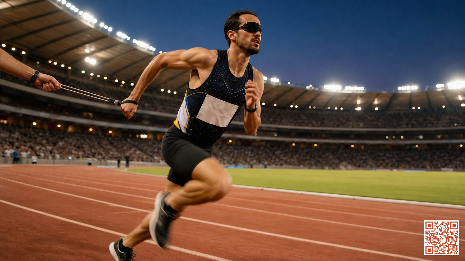 Athlète malvoyant en plein effort lors d'un 1500 mètres paralympique sur piste d'athlétisme en stade
