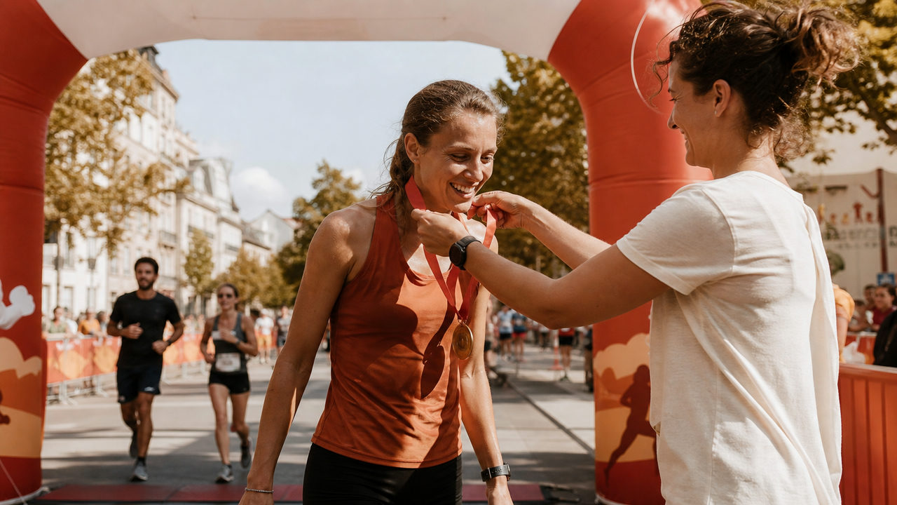 Coureur franchissant la ligne d'arrivée et recevant sa médaille de finisher lors d'une course à pied officielle