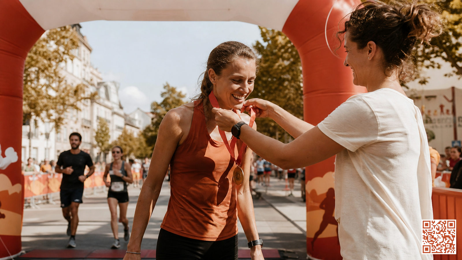 Coureur franchissant la ligne d'arrivée et recevant sa médaille de finisher lors d'une course à pied officielle