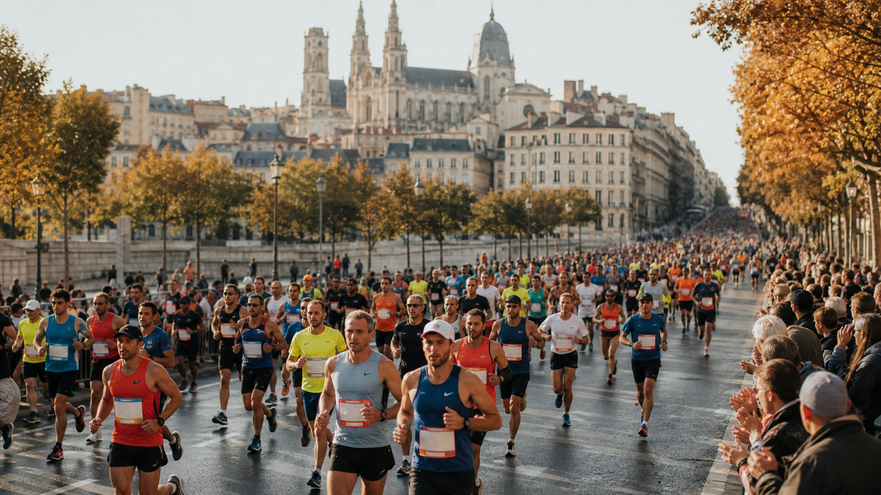 Milliers de coureurs sur une avenue historique européenne lors d'un grand marathon, spectateurs en bord de route