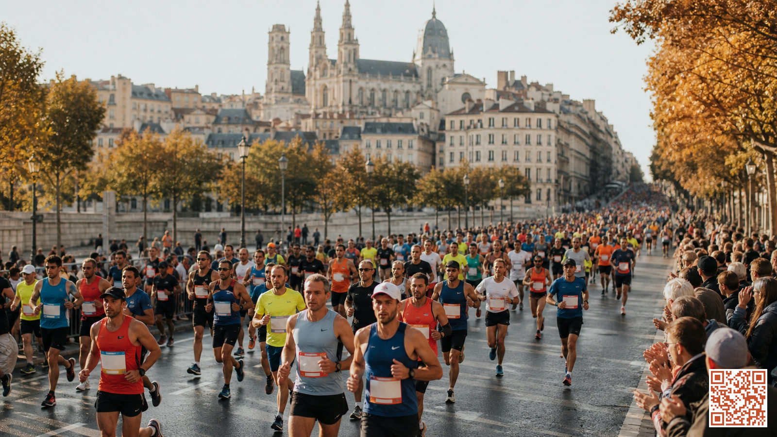 Milliers de coureurs sur une avenue historique européenne lors d'un grand marathon, spectateurs en bord de route