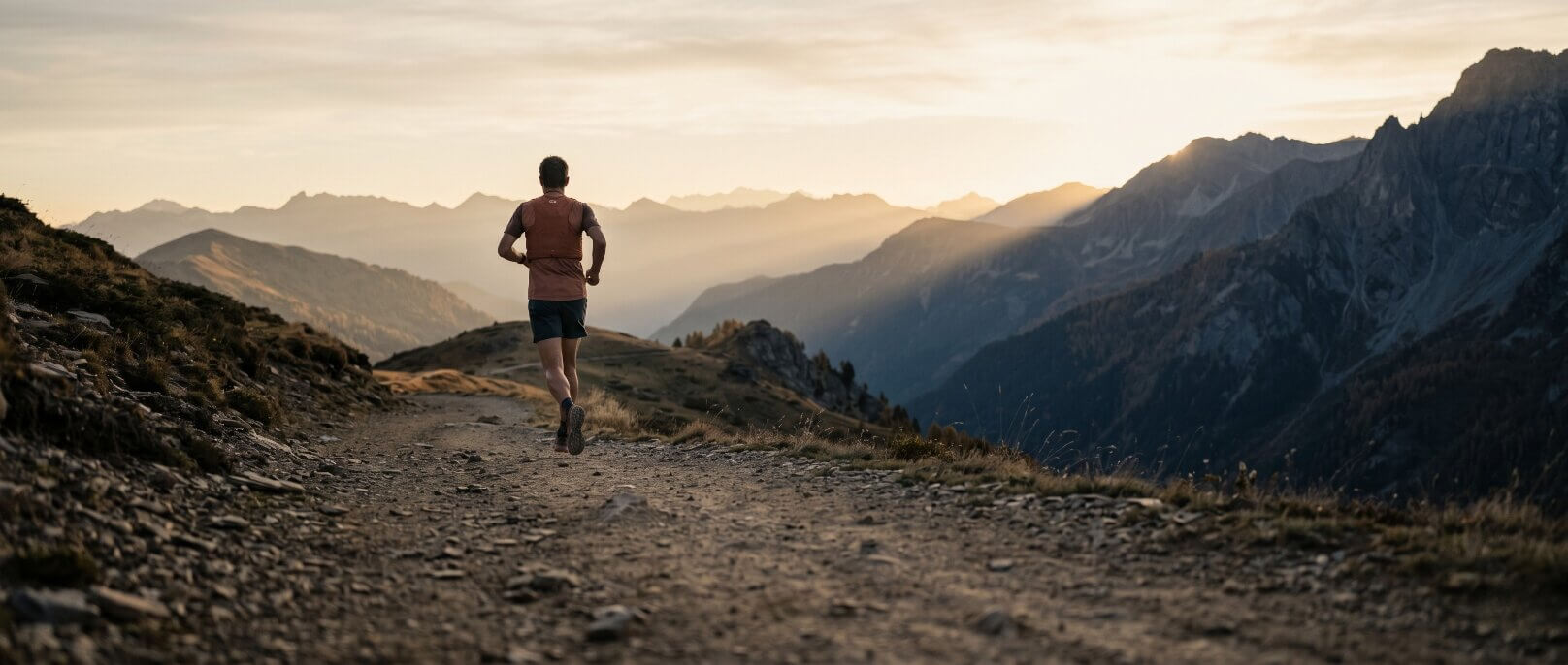 Coureur solitaire sur un sentier de montagne au lever du soleil