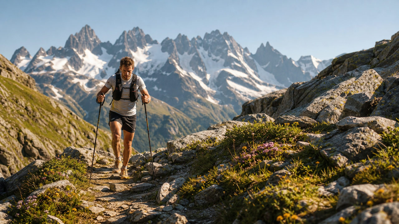 Coureur de trail franchissant un col alpin lors d'un ultra-trail en montagne