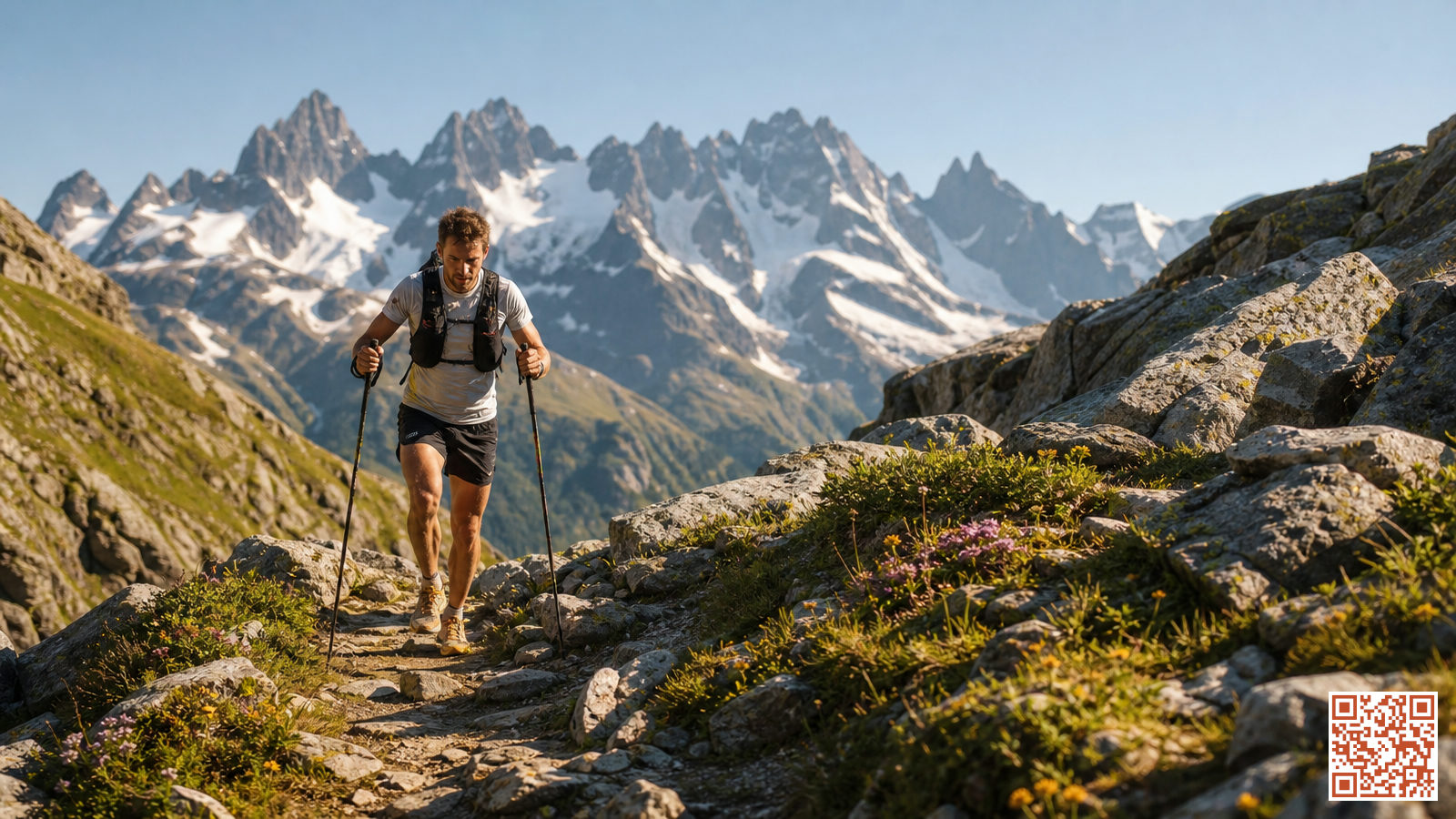 Coureur de trail franchissant un col alpin lors d'un ultra-trail en montagne