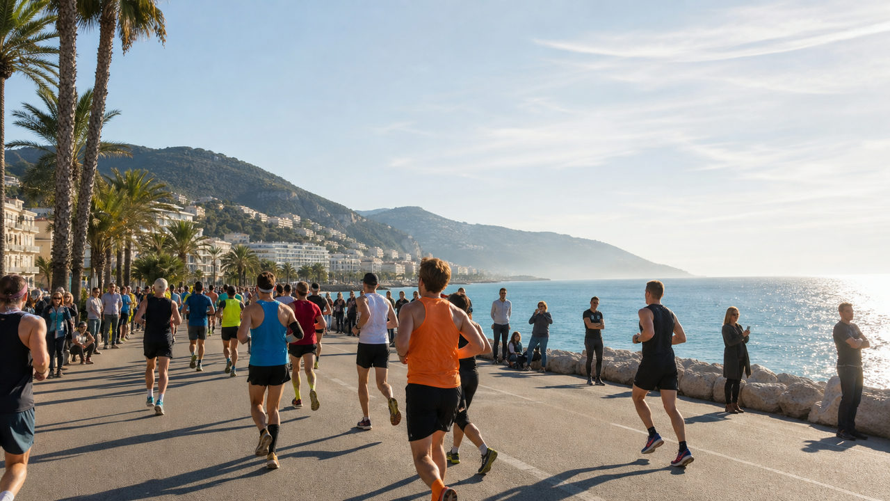 Coureurs du Marathon des Alpes-Maritimes sur le front de mer entre Nice et Cannes, avec la Méditerranée en arrière-plan