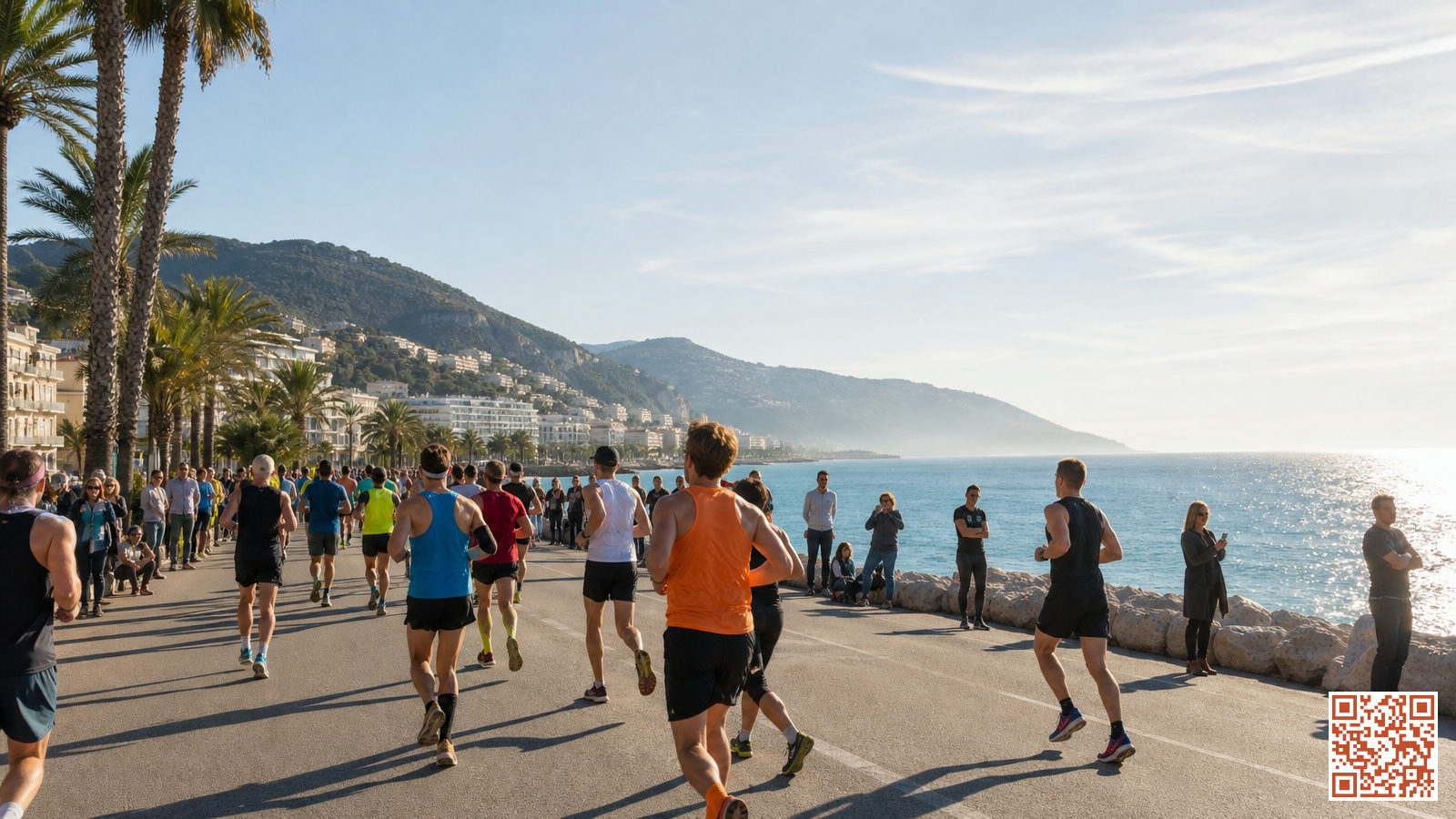Coureurs du Marathon des Alpes-Maritimes sur le front de mer entre Nice et Cannes, avec la Méditerranée en arrière-plan