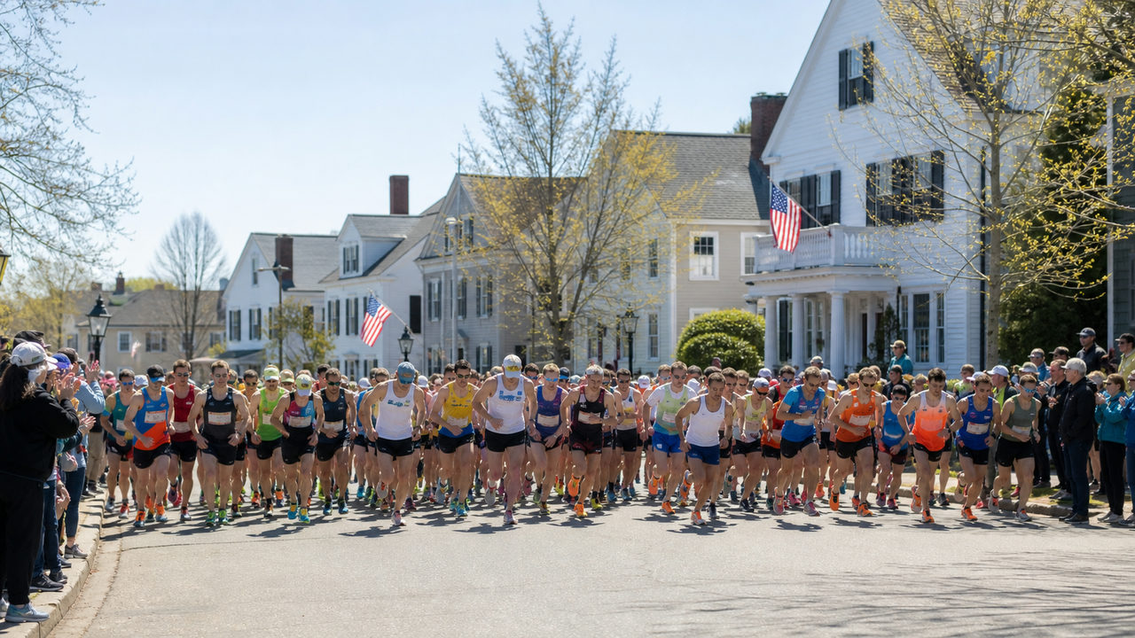 Coureurs au départ du marathon de Boston dans les rues d'Hopkinton