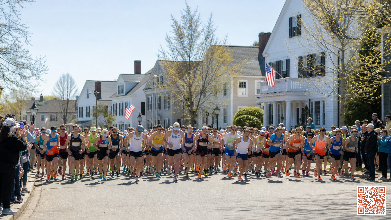 Coureurs au départ du marathon de Boston dans les rues d'Hopkinton
