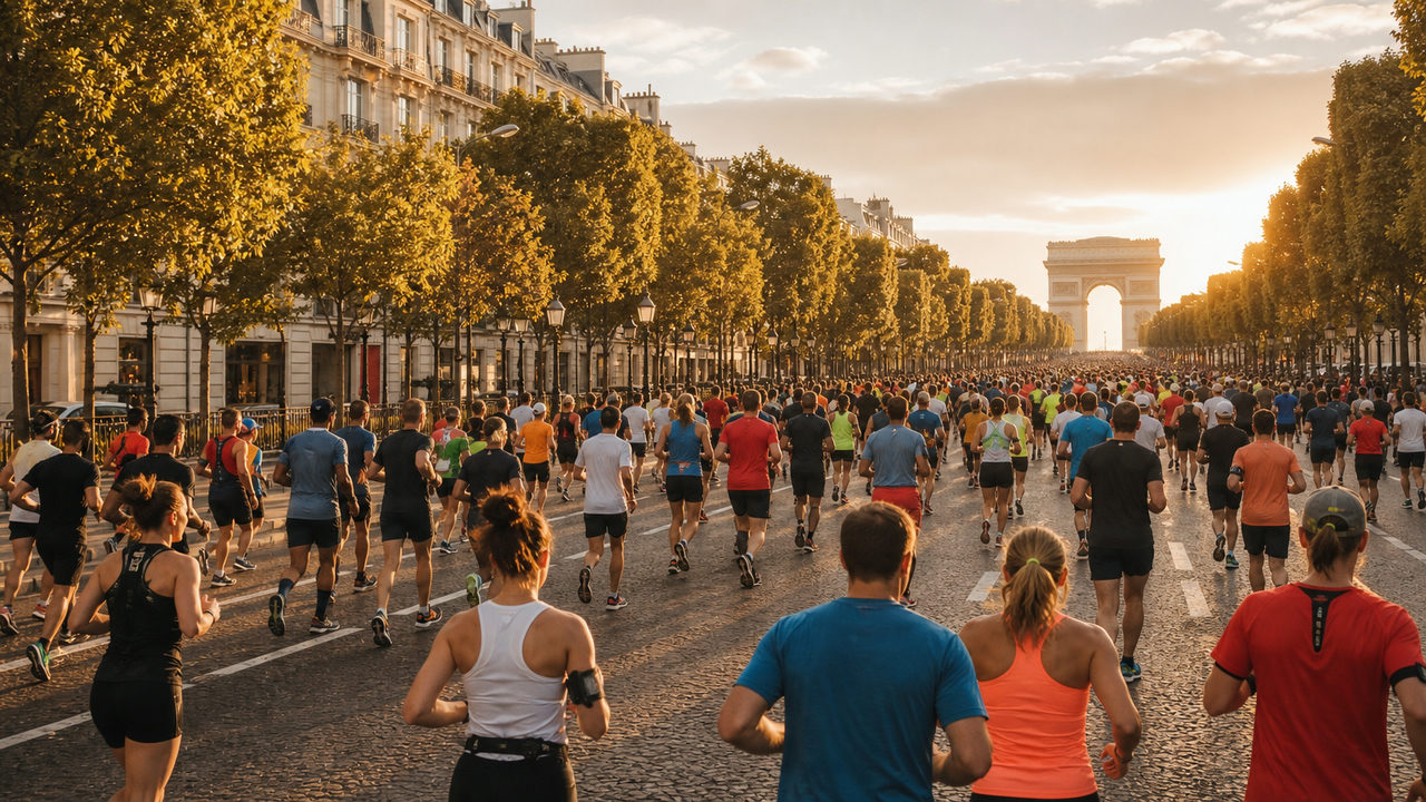 Départ du Marathon de Paris sur les Champs-Élysées avec des milliers de coureurs en tenue de sport colorée