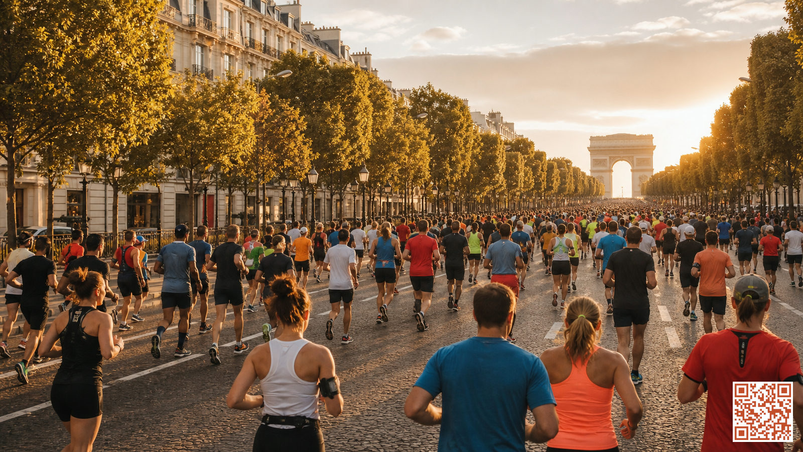 Départ du Marathon de Paris sur les Champs-Élysées avec des milliers de coureurs en tenue de sport colorée