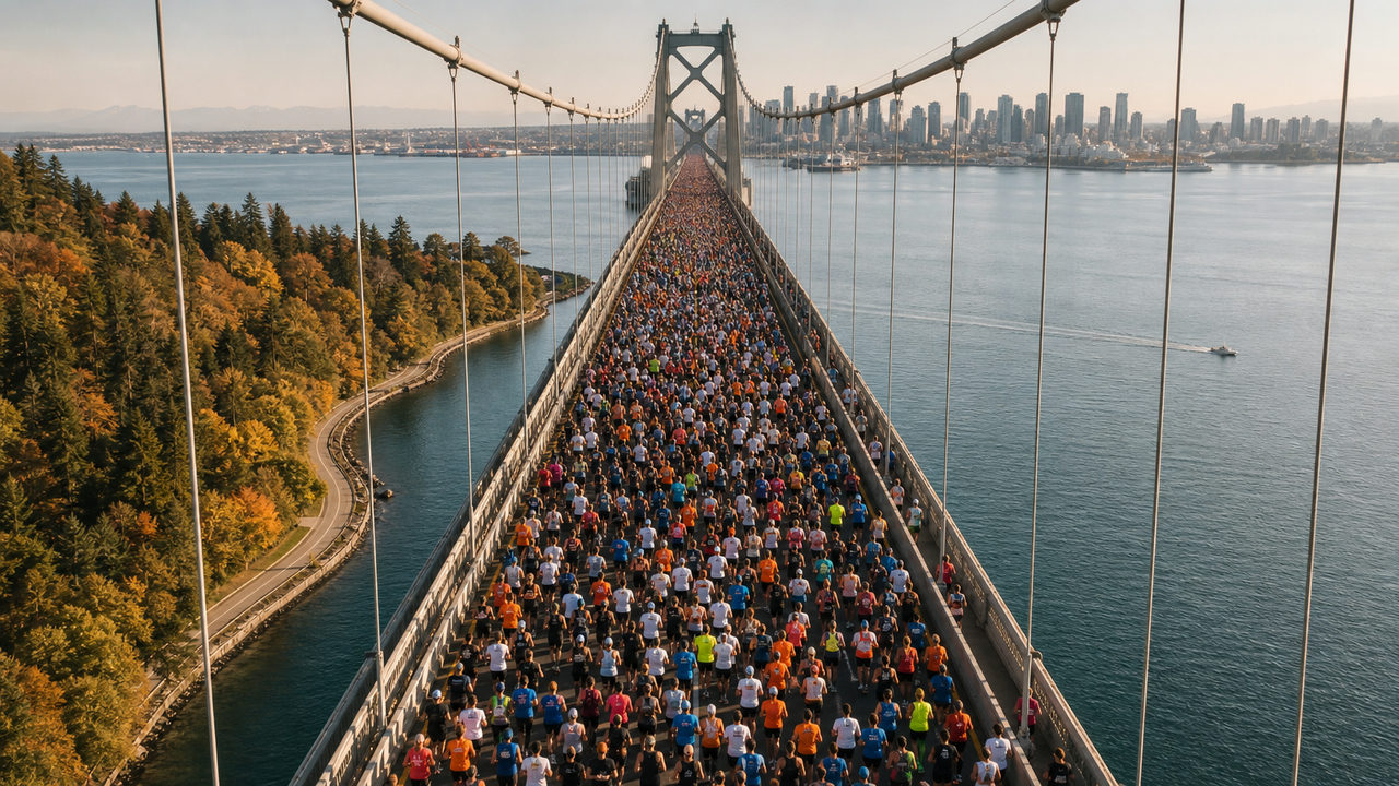 Des milliers de coureurs traversent le pont Verrazzano au départ du marathon de New York en novembre