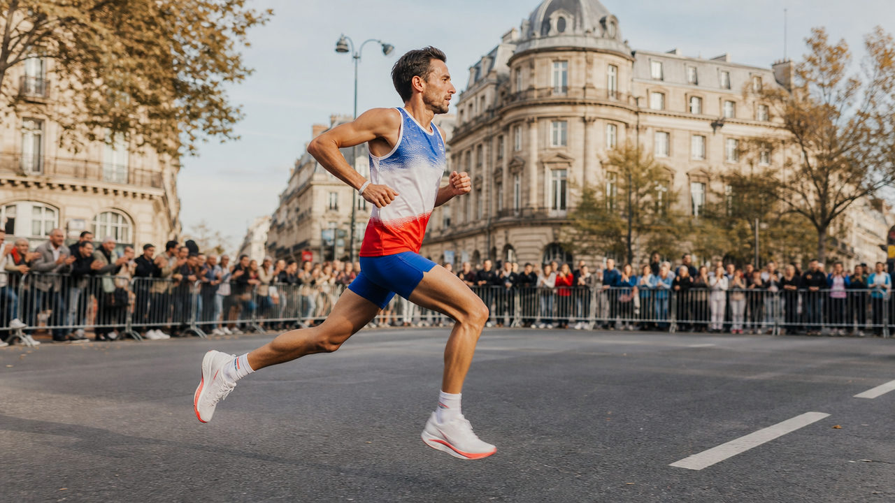 Un marathonien français en plein effort lors d'une grande course sur route, entouré de spectateurs enthousiastes de chaque côté du parcours