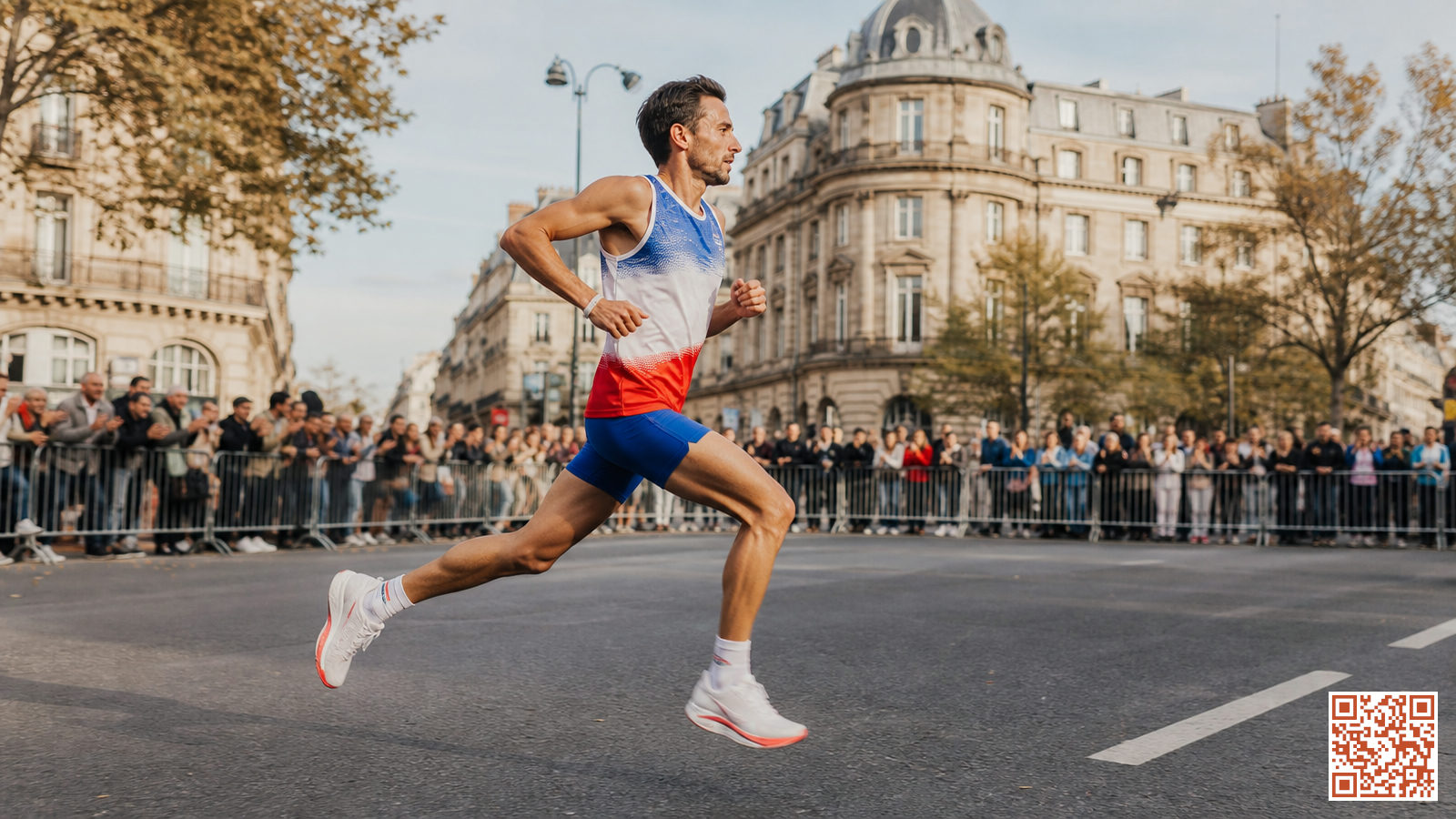 Un marathonien français en plein effort lors d'une grande course sur route, entouré de spectateurs enthousiastes de chaque côté du parcours