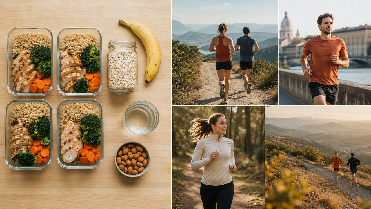 Repas équilibrés d'une semaine pour un sportif endurance : céréales complètes, protéines maigres, légumes et collations disposés sur une table en bois