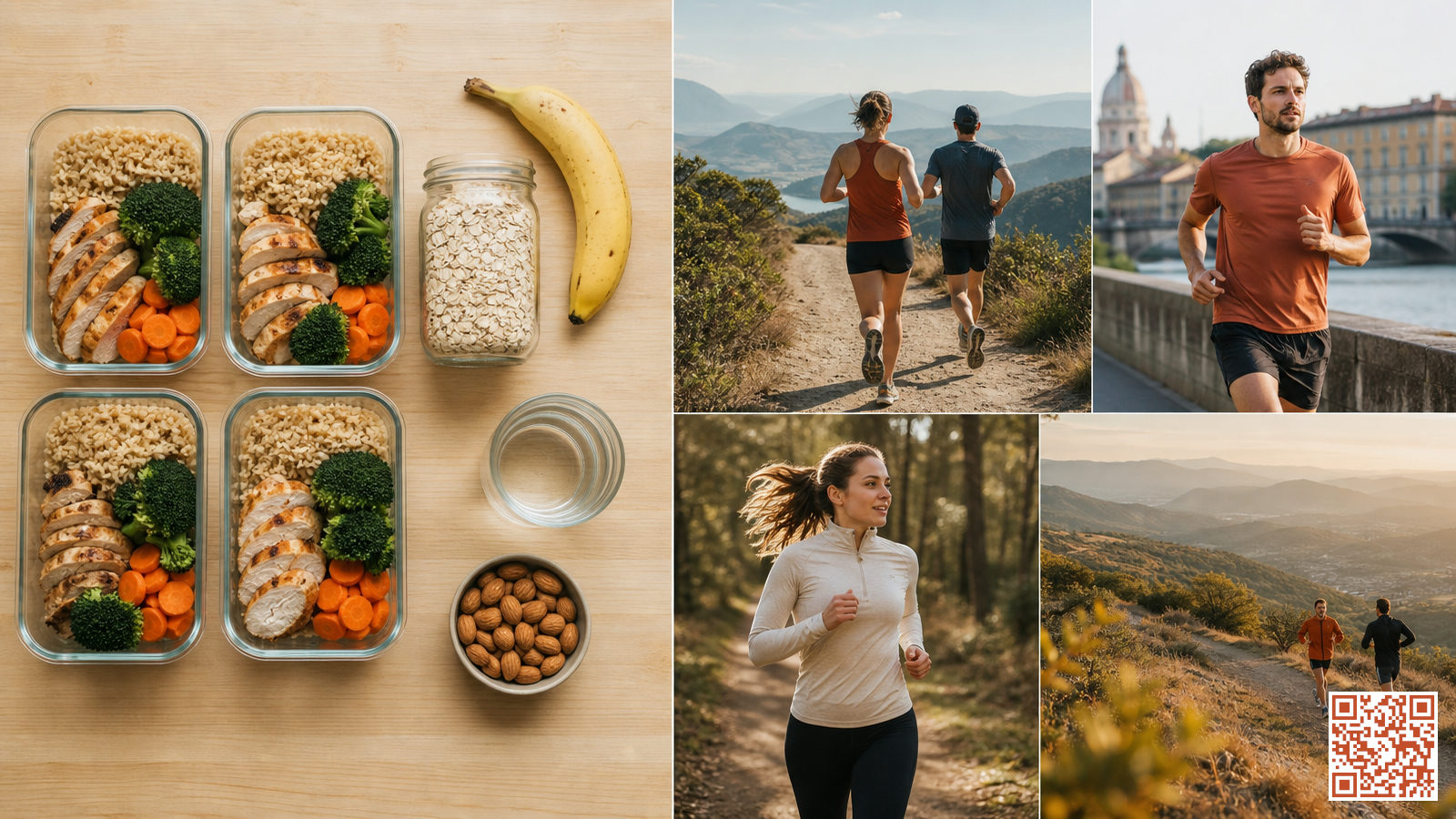 Repas équilibrés d'une semaine pour un sportif endurance : céréales complètes, protéines maigres, légumes et collations disposés sur une table en bois