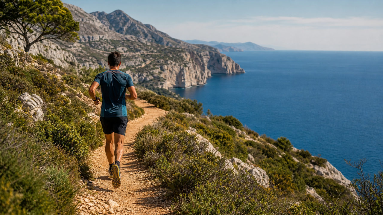 Coureur sur un sentier côtier en France, falaises et mer bleue en arrière-plan