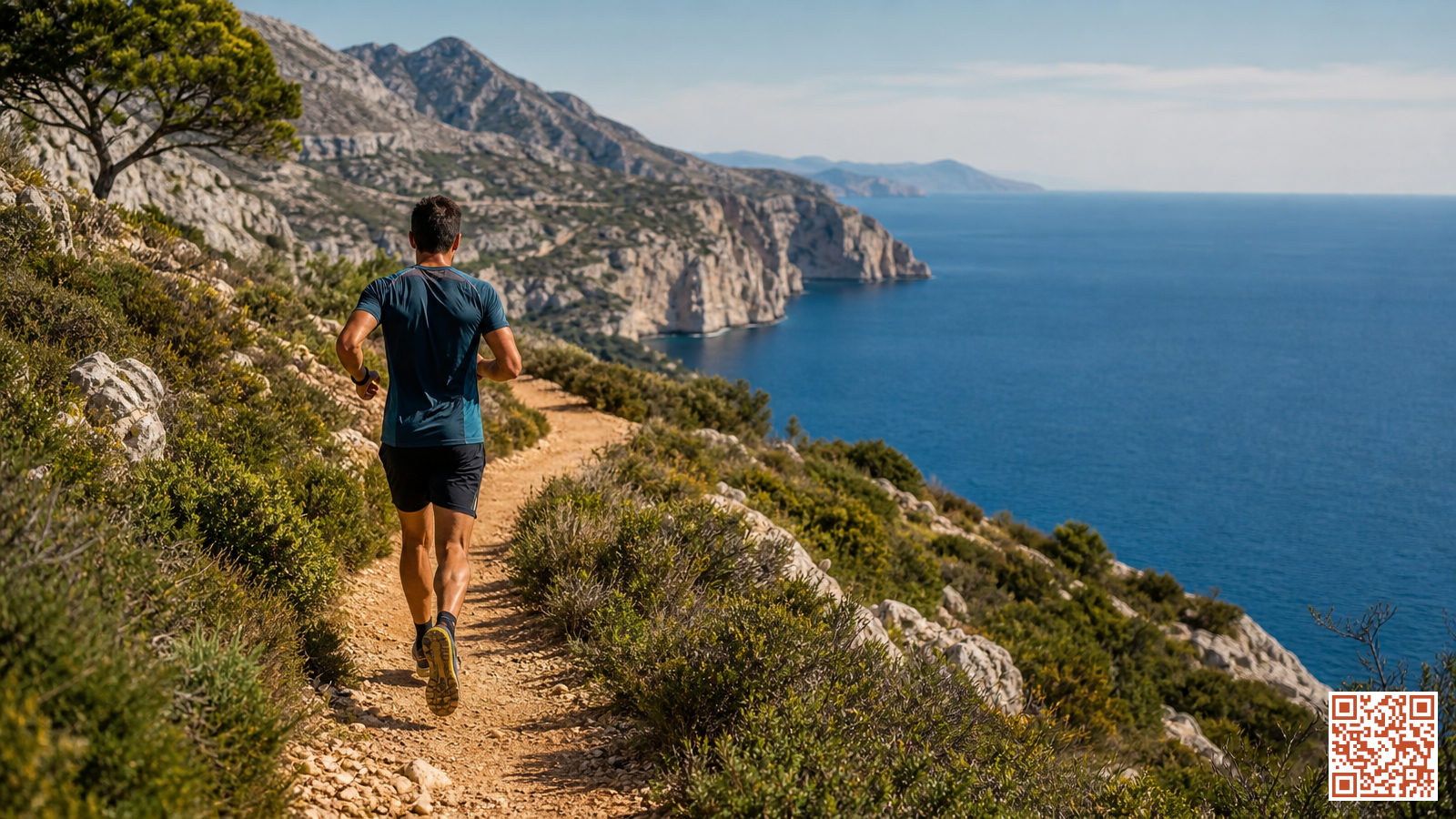 Coureur sur un sentier côtier en France, falaises et mer bleue en arrière-plan