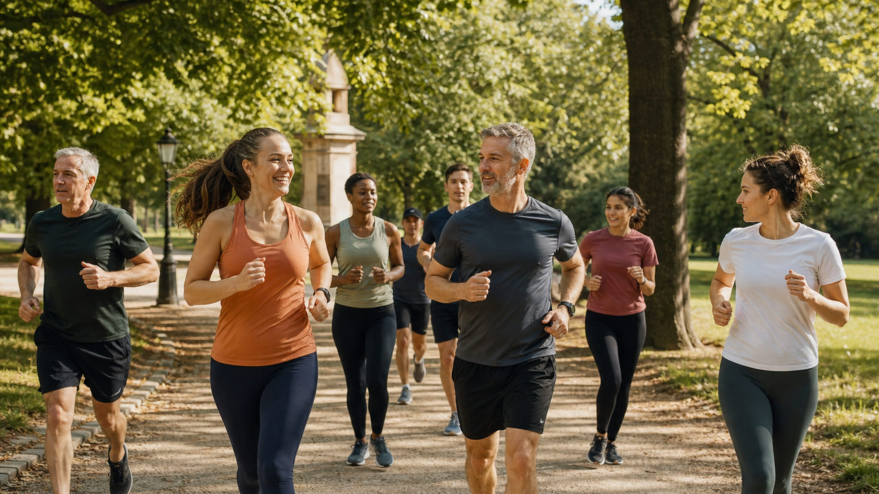 Groupe de coureurs de tous niveaux se rassemblant dans un parc pour un parkrun le samedi matin